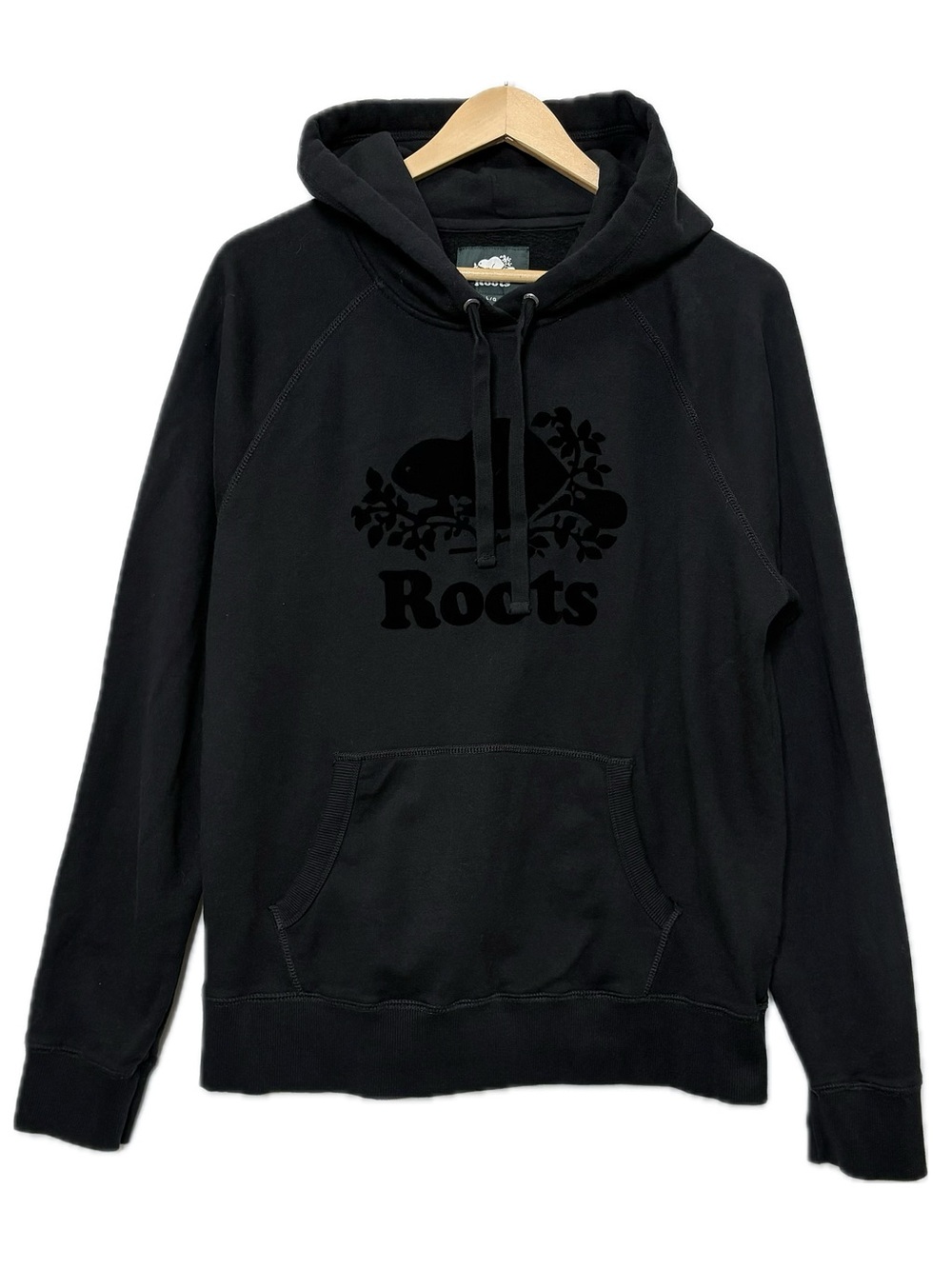 ROOTS Organic Cotton Original Kanga Pullover Flocked Hoodie Men Size Large Black